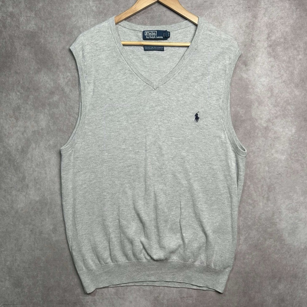 Vintage Polo Ralph Lauren Vest Jumper Men's 2XL Gray Cotton Cashmere Blend